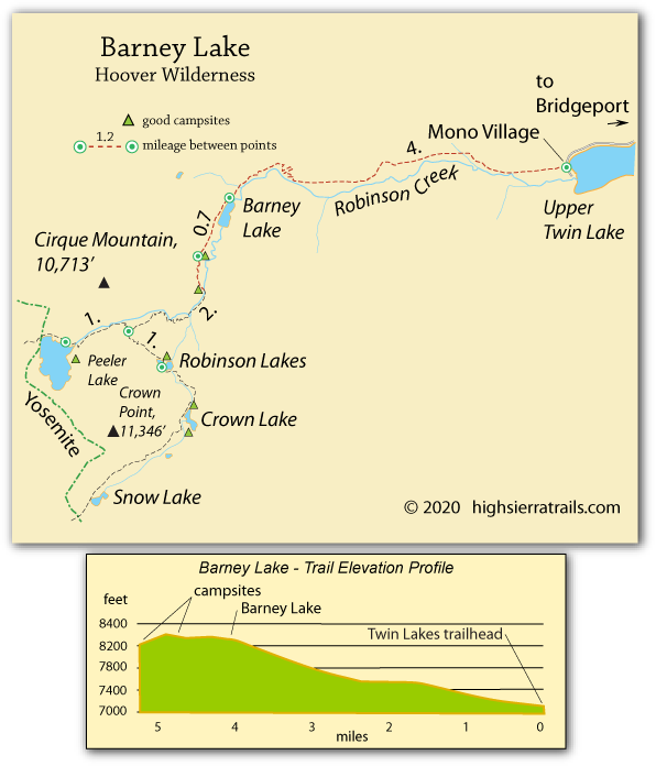 map of trail to Barney Lake, Hoover Wilderness, CA