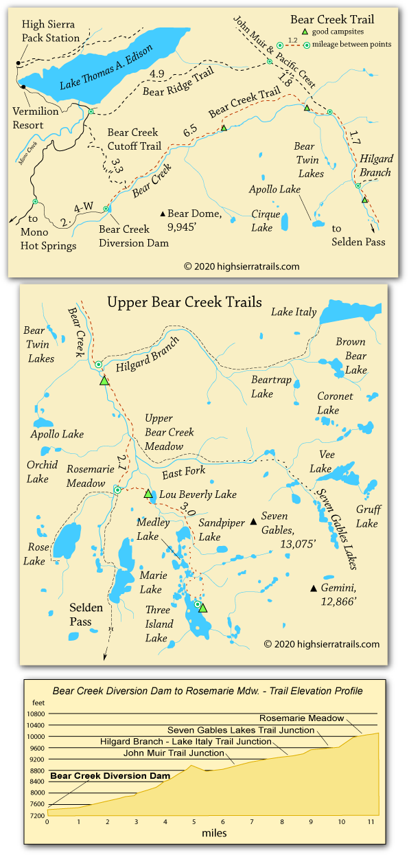 map of Bear Creek Trail, John Muir Wilderness, CA