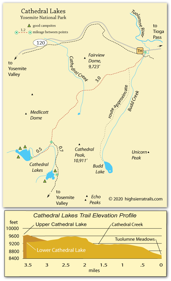 map of trail to Cathedral Lakes, Yosemite National Park, CA