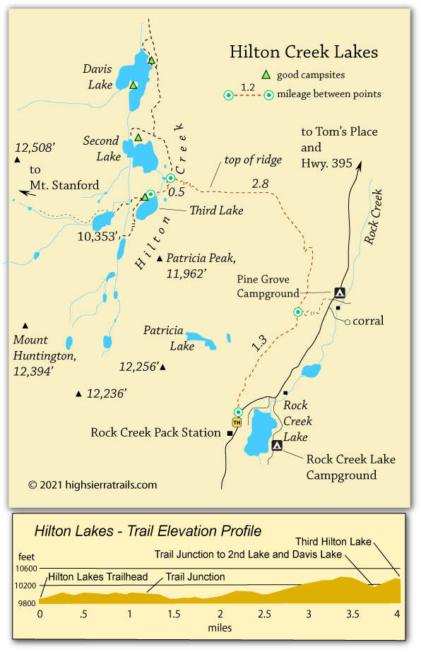 map of trail to Hilton Creek Lakes, John Muir Wilderness, California