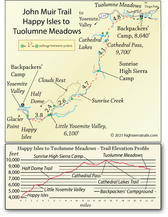 John Muir Trail Map from Yosemite Valley to Tuolumne Meadows, CA