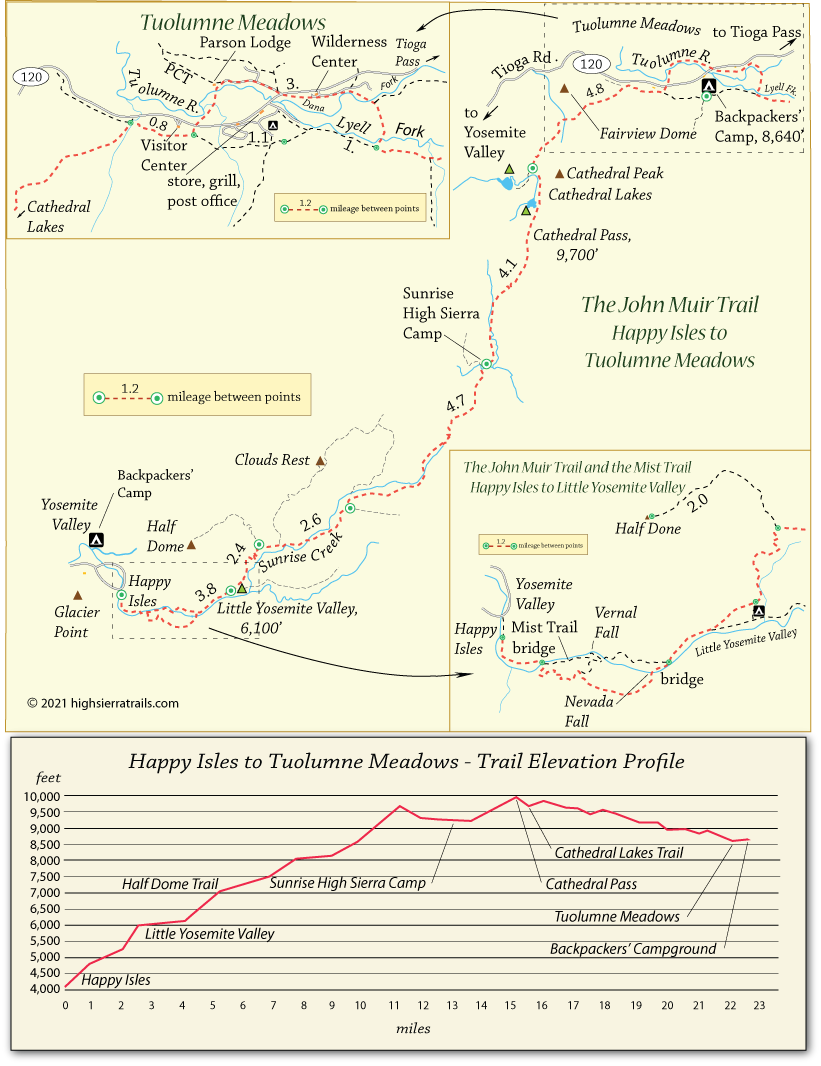 John Muir Trail Map from Yosemite Valley to Tuolumne Meadows, CA