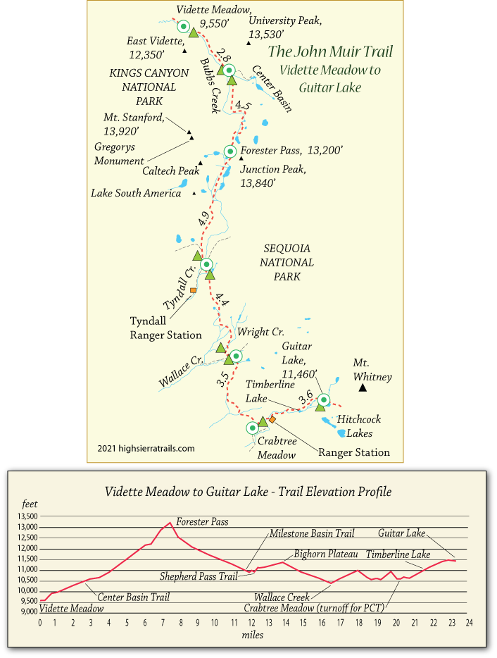 John Muir Trail Map from Vidette Meadow to Guitar Lake, California