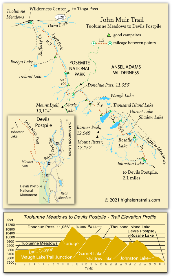 map of John Muir Trail from Tuolumne Meadows Devils Postpile, Yosemite National Park and Ansel Adams Wilderness, California