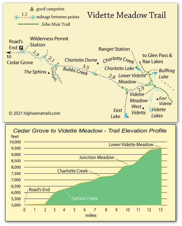 Vidette Meadow trail map, Kings Canyon national park, CA