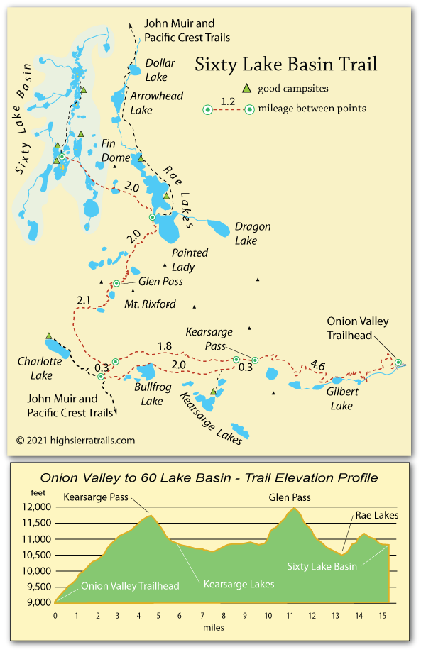 Sixty Lake Basin trail map, Kings Canyon national park, CA